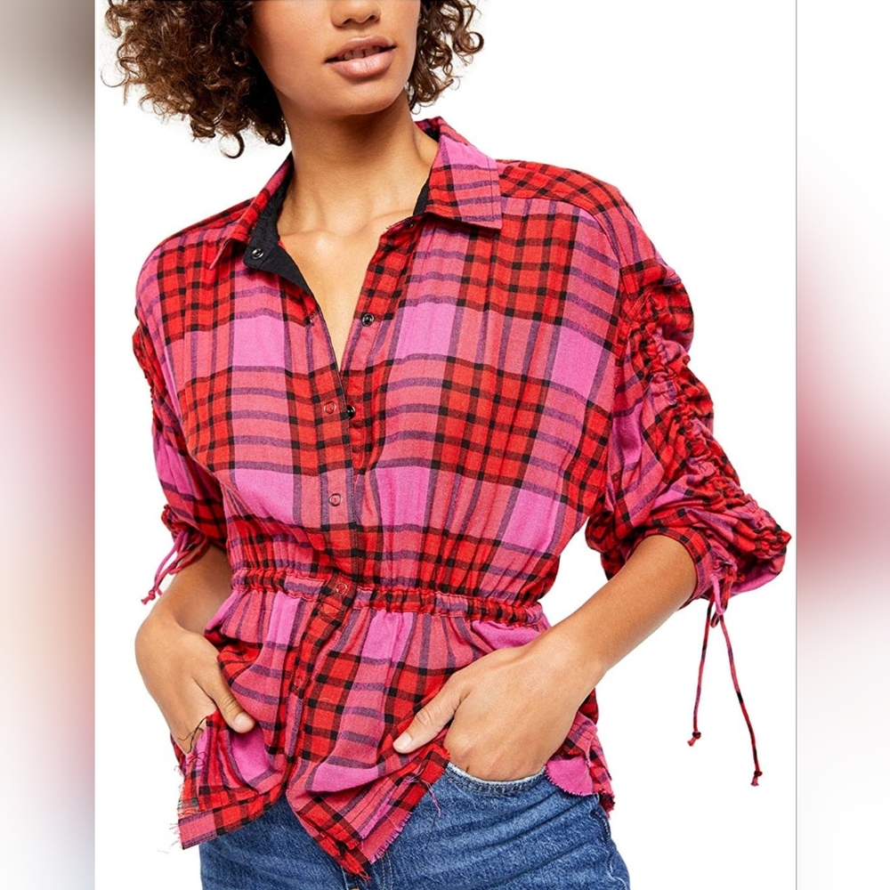 We The Free Pacific Dawn Drawstring Button Down Wool Blend Plaid Top Red Pink‎ M